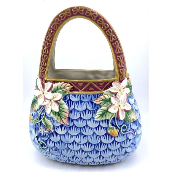 Ceramic Handbag Purse Planter Plumeria Fish Scale Tropical Hawaiian 10" Porcelai - Picture 5 of 9